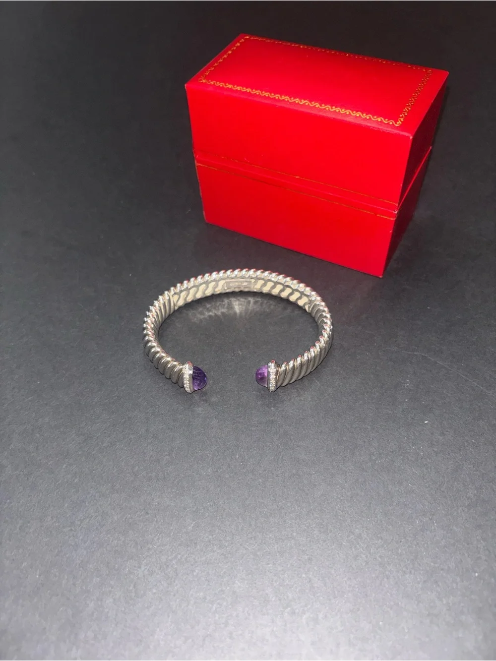 Sterling Silver Twisted Cuff Bracelet with Purple Gemstone and diamond Ends